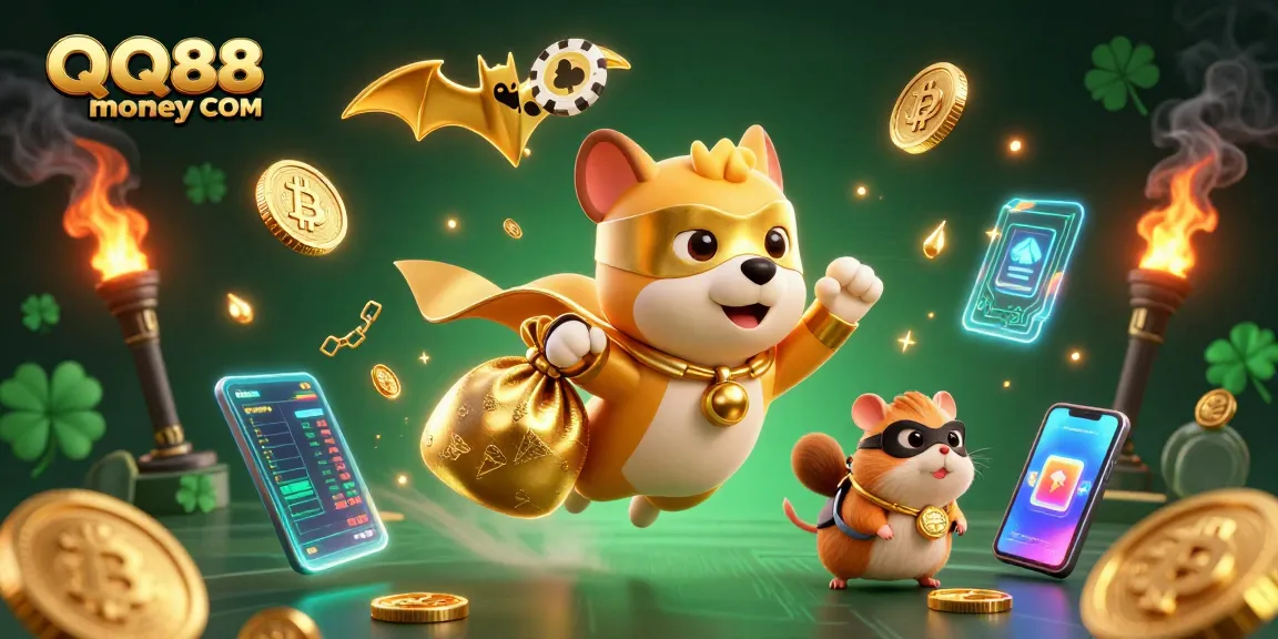 Engage with QQ88money COM through thrilling casino adventures featuring a superhero dog and gold coins.