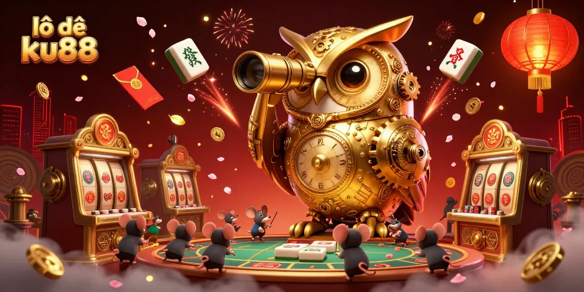 Experience the excitement of lô đề ku88 with a charming 3D illustration of golden owl and mouse patrons in a lively casino scene.