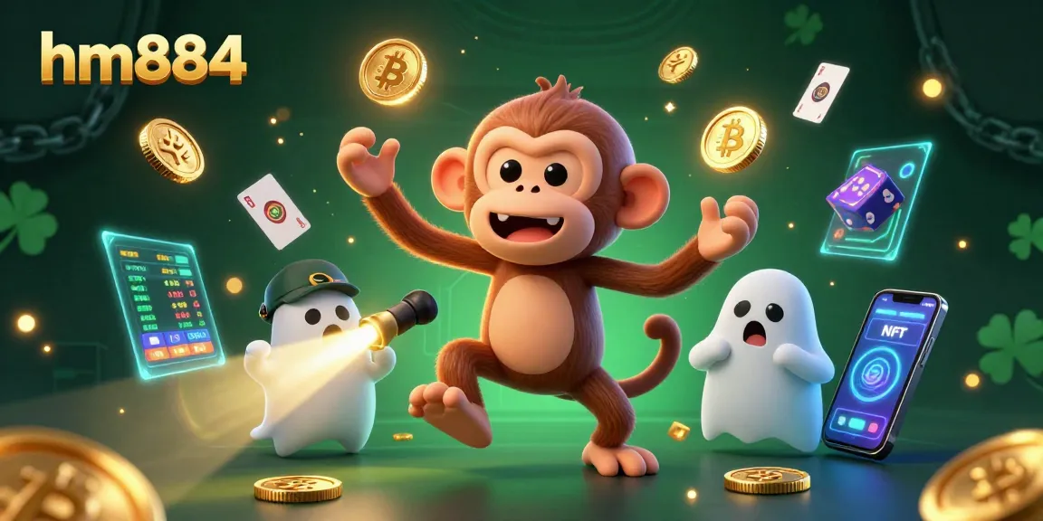 Engage with hm884 as the poltergeist monkey juggles golden coins in a crypto casino.
