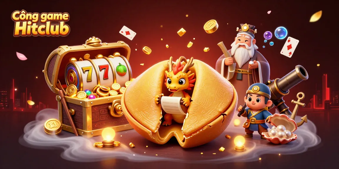 Engage with Cổng game Hitclub's vibrant 3D illustration showcasing lively casino elements and lucky symbols.