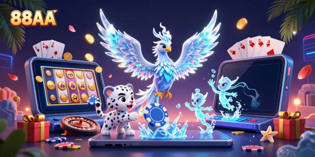 Engage in thrilling slots at 88AA with a vibrant ice phoenix, poker chip, and colorful gaming elements.