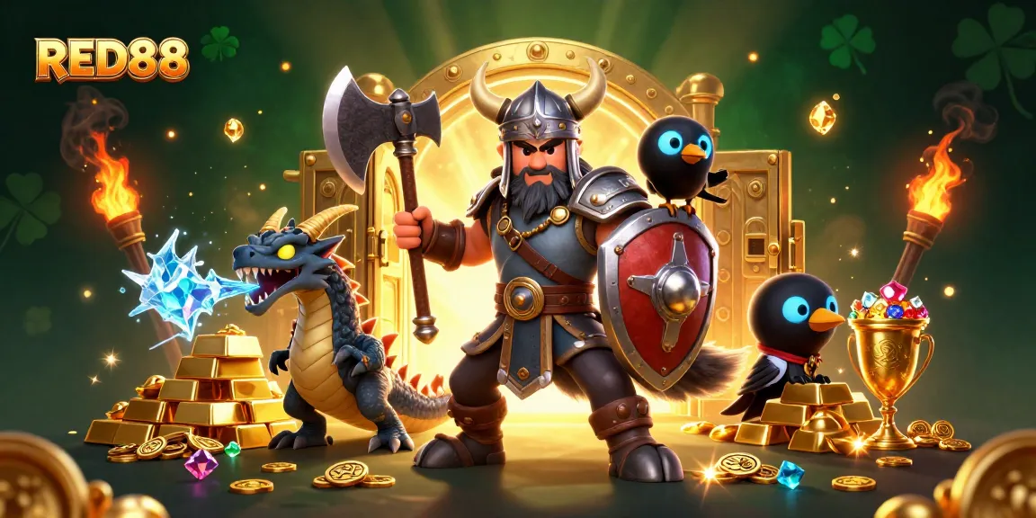 Experience the thrill of RED88 with exciting 3D characters conquering a treasure-filled casino landscape.