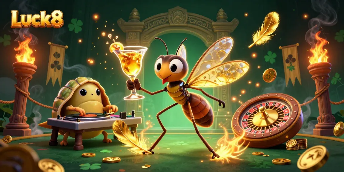Luck8 captures the excitement of casino games with a vibrant 3D scene showcasing unique characters.