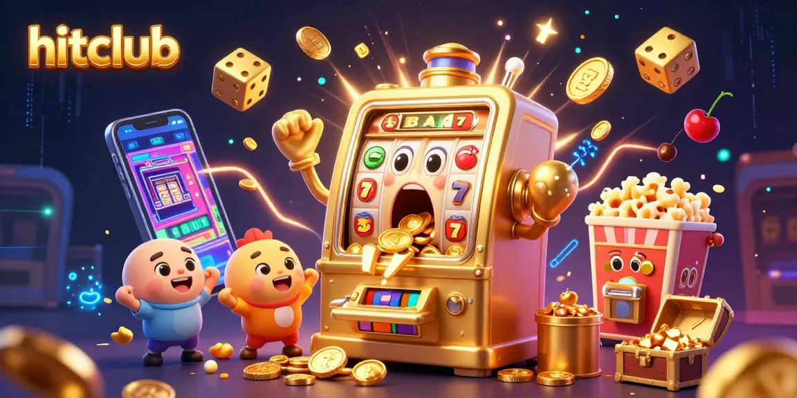 Hitclub slot machine celebrates a jackpot with animated delight, showcasing vibrant casino action.
