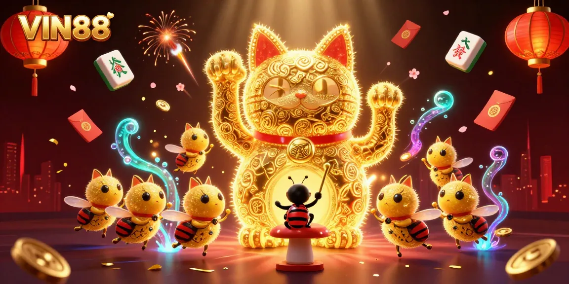 Experience the thrilling energy of VIN88 with a captivating golden lucky cat illustration.