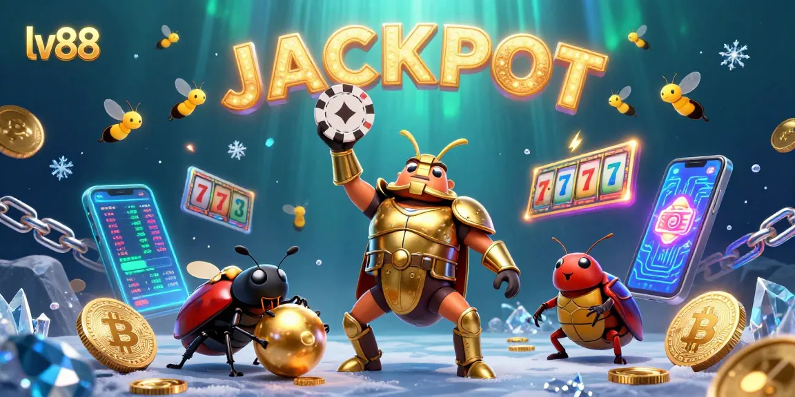 Experience lv88's exciting casino atmosphere with a victorious beetle lifting chips, enhancing the gaming adventure.