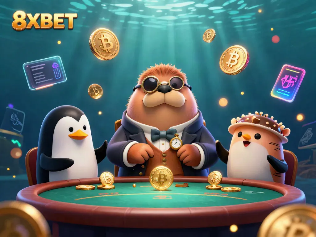 Experience thrilling poker with 8XBET at an underwater table featuring whimsical characters and vibrant casino elements.