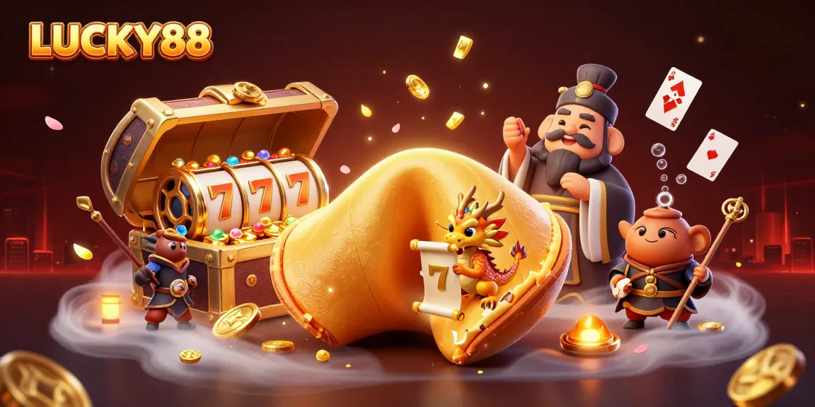 Play LUCKY88 slot with a vibrant, colorful 3D illustration of a fortune cookie and unique casino elements.