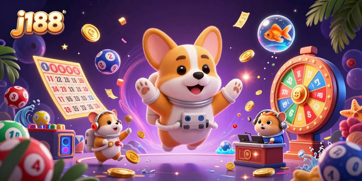 Experience j188's exciting casino atmosphere with a dynamic space scene featuring playful characters and vibrant elements.