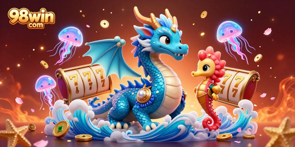Engage in exciting gameplay at 98win com with neon creatures and slot reels in a colorful casino scene.