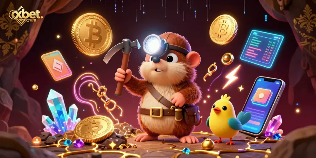 Experience the thrill at oxbet. com with a miner, canary, and glowing crystals amidst gambling elements.