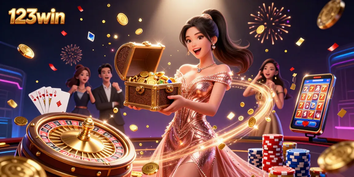 Experience thrilling wins at 123win with vibrant visuals of casino games and treasures.