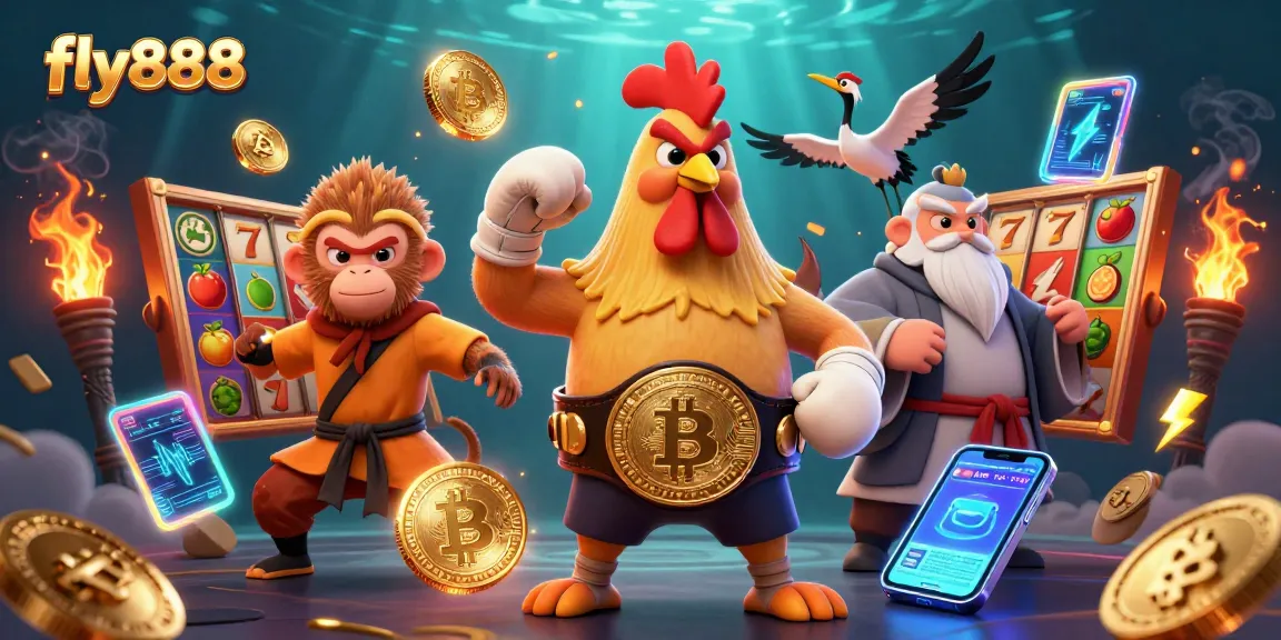 Experience gaming thrills at fly888 with vibrant 3D scenes filled with slot reels and crypto coins.