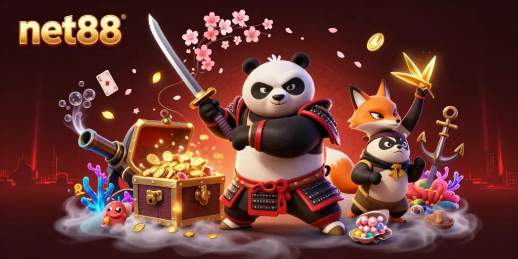 Engaging casino scene featuring net88’s samurai panda, ninja fox, and magical tanuki amidst treasure and gaming elements.