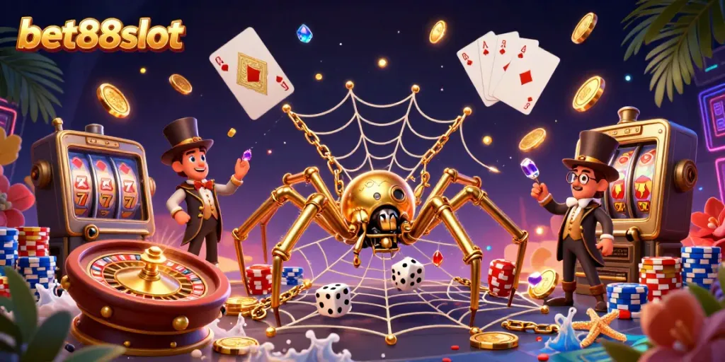 Experience the excitement of bet88slot with a steampunk spider and vibrant casino elements.
