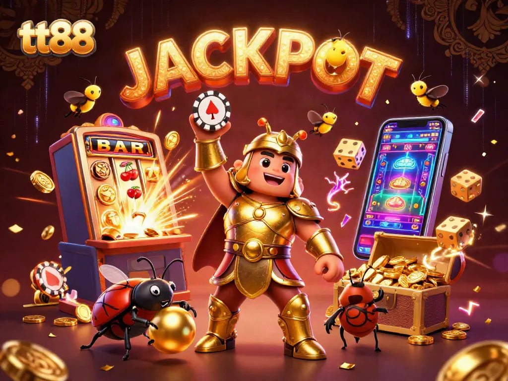 Engage with tt88's thrilling casino victory scene featuring a beetle lifting a poker chip amidst slot machines and jackpots.