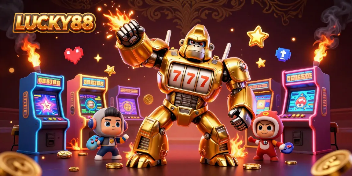 LUCKY88 gaming experience ignited by a golden mech hero amidst vibrant casino visuals.