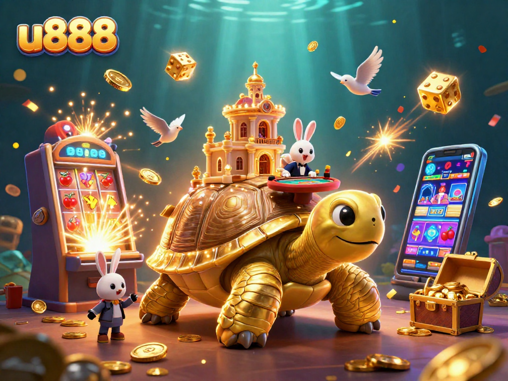 Experience the vibrant excitement of u888 with a 3D casino scene featuring a golden tortoise and slot machine.