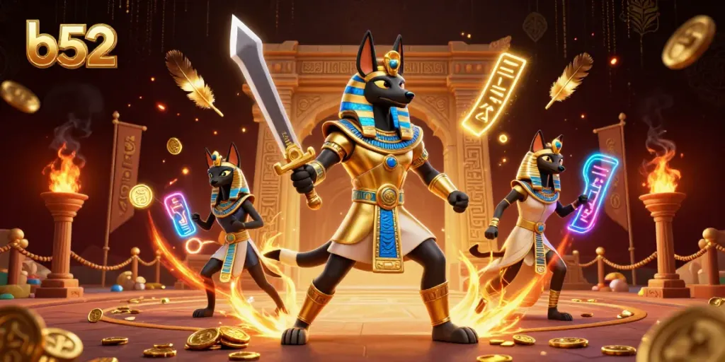 Engage in a thrilling b52 casino experience with Anubis and Bastet surrounded by dynamic gaming elements.