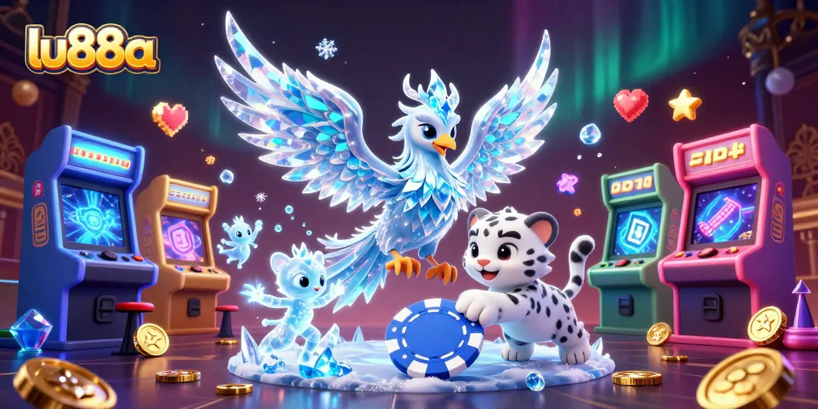 Experience thrilling gameplay at lu88a with a vibrant 3D illustration of an ice phoenix, snow leopard cub, and dancing sprites.