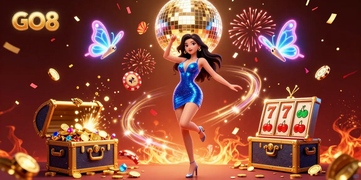 Celebrate gaming wins with the vibrant energy of GO8, featuring casino elements in a dynamic scene.