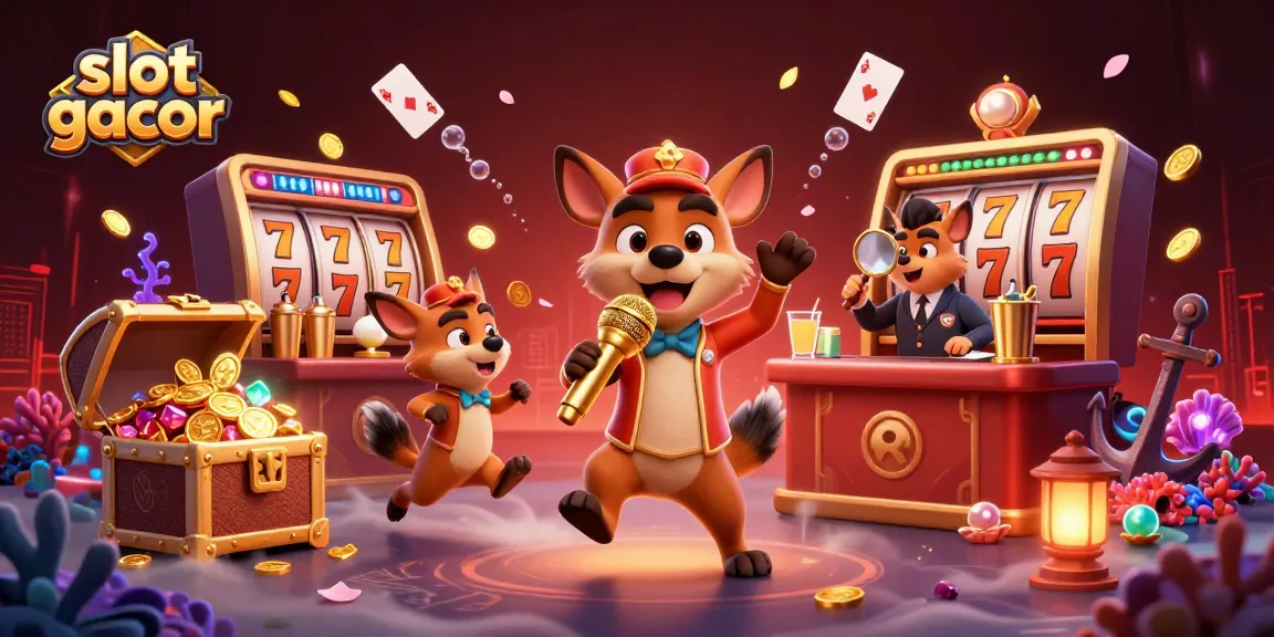 Experience the thrill of slot gacor at a lively casino club with hyenas, jackpot reels, and gold coins.