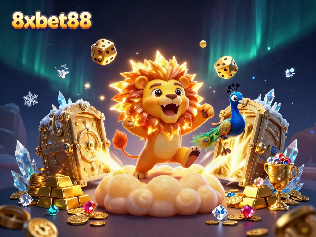 Engage with the thrilling world of 8xbet88, adorned with gleaming treasures and animated casino characters.