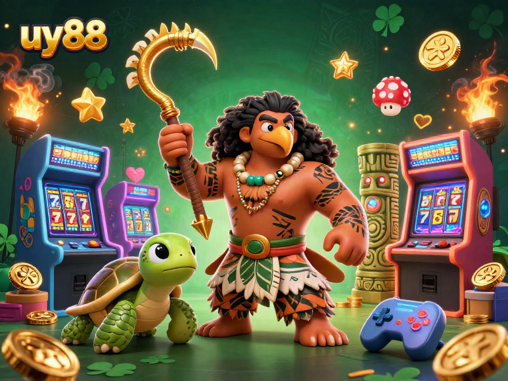 Experience excitement with uy88 in a vibrant casino scene featuring a demigod hawk and arcade elements.