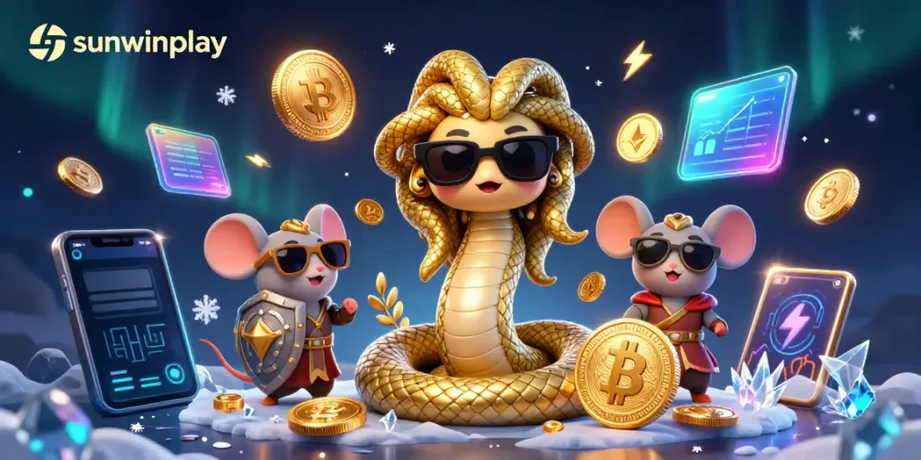 Win big at sunwinplay with a vibrant casino scene featuring Medusa and a warrior mouse amidst digital elements.