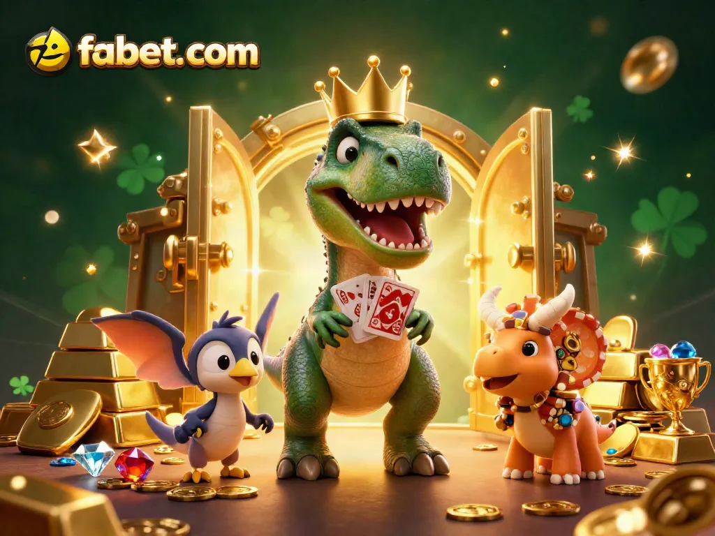 Experience the thrill of gambling at fabet. com with a T-Rex and friends in a vibrant casino scene.