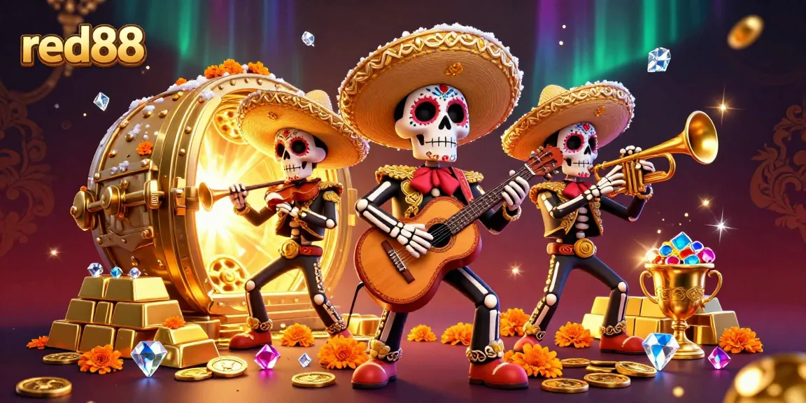 Win big with red88 in this vibrant casino-themed 3D illustration featuring mariachi skeletons.