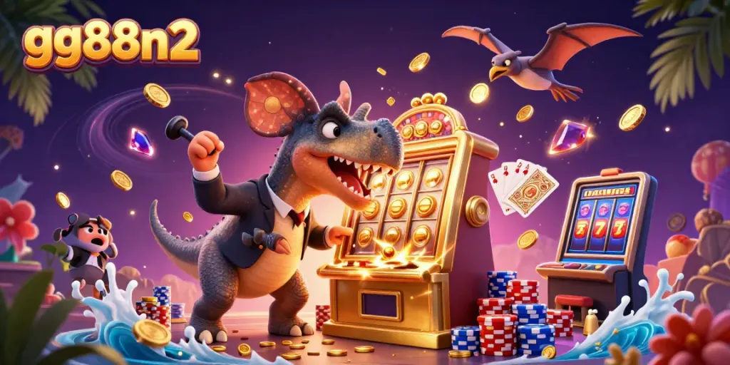 gg88n2 showcases a 3D pachycephalosaurus jackpot scene in a vibrant casino atmosphere.