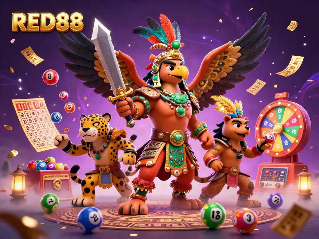 Experience thrilling gameplay with RED88 as vibrant lottery balls bounce around a heroic Aztec warrior scene.