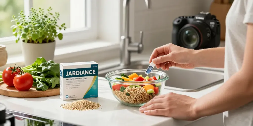 Gezonde maaltijd voorbereiding met Jardiance kopen in de keuken.
