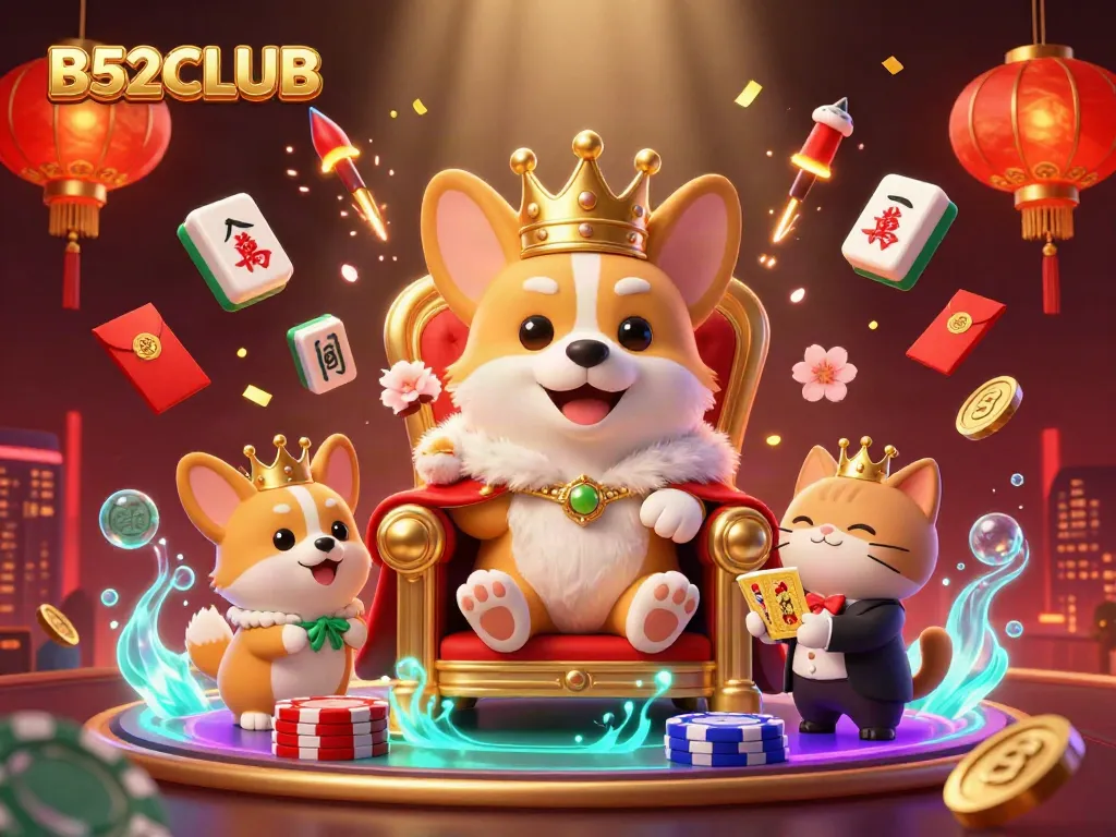Experience the vibrant B52CLUB scene with a royal corgi and gaming elements.