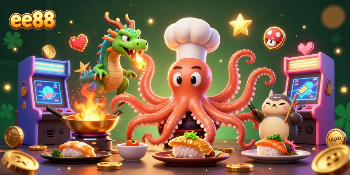 Experience the vibrant world of ee88 with a playful octopus chef and dragon in a casino-themed illustration.