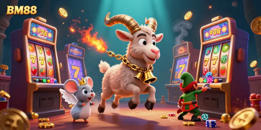 Win big at BM88 with a lively scene featuring slot machines, playful characters, and festive elements.