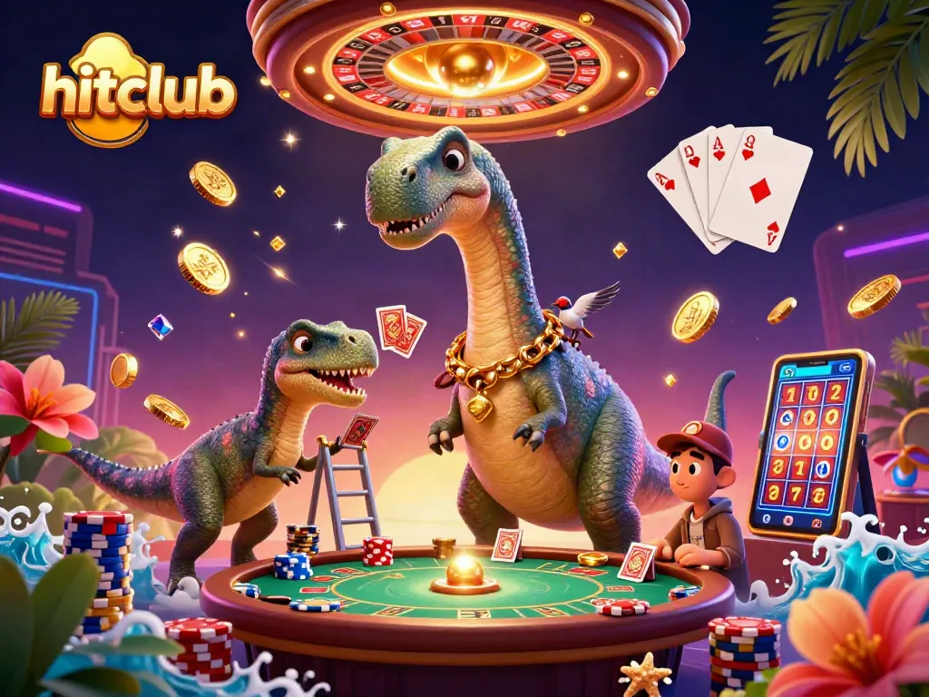 Experience thrilling gaming action at hitclub with a cartoon brontosaurus and clever raptor in a casino.