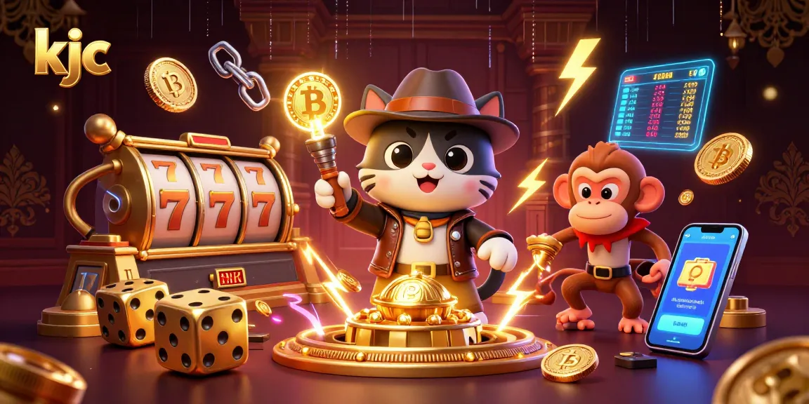 KJC online casino illustration features a cartoon cat archaeologist finding a golden artifact with crypto elements.