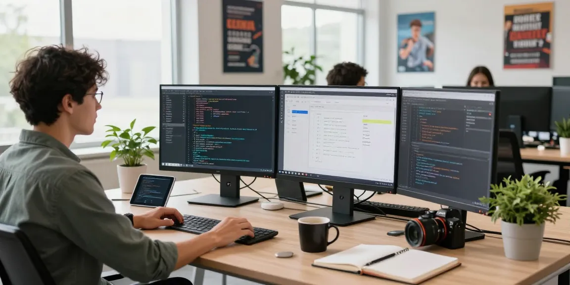 Download Telegram on a professional workspace with multiple screens showcasing coding.