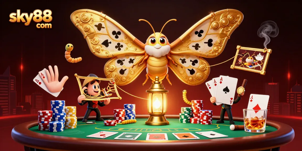 Experience exhilarating gaming at sky88 com, featuring vibrant casino elements and a colorful moth.