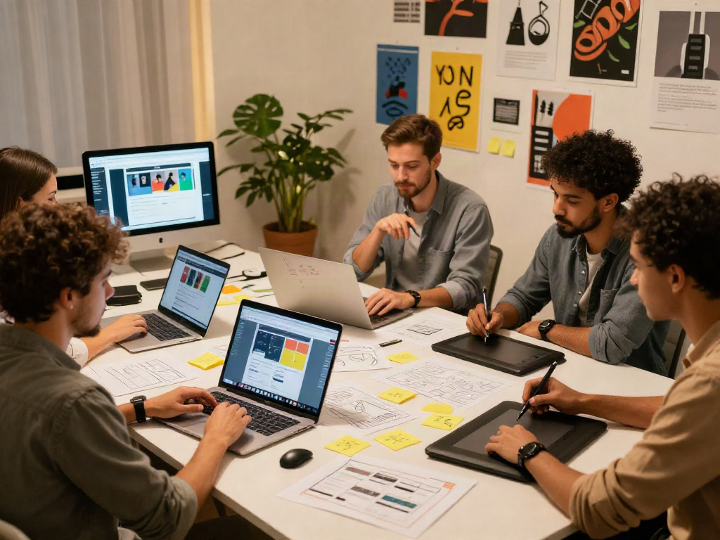 Sanumwebdesign team die samen creatieve website-ontwerpen ontwikkelt in moderne studio.