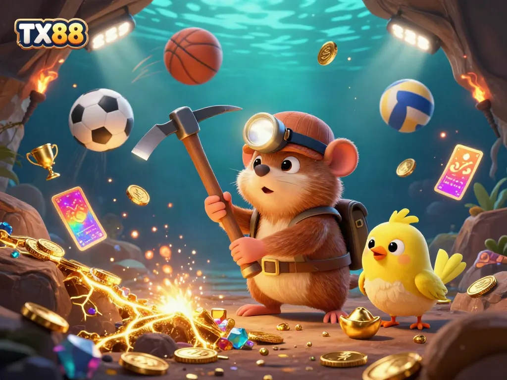 Experience the excitement of TX88 with a treasure hunter mole in a dynamic casino scene filled with sports and gambling elements.