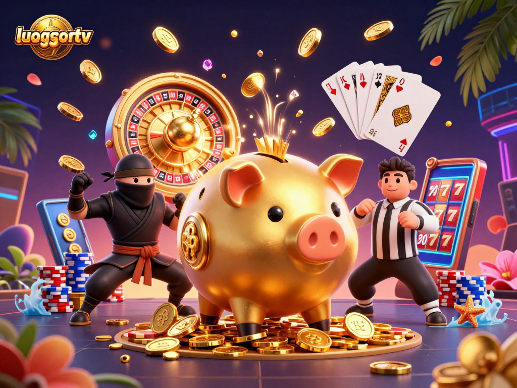 Experience the action at luongsontv with a vibrant, dynamic illustration featuring a piggy bank sumo wrestler and casino elements.