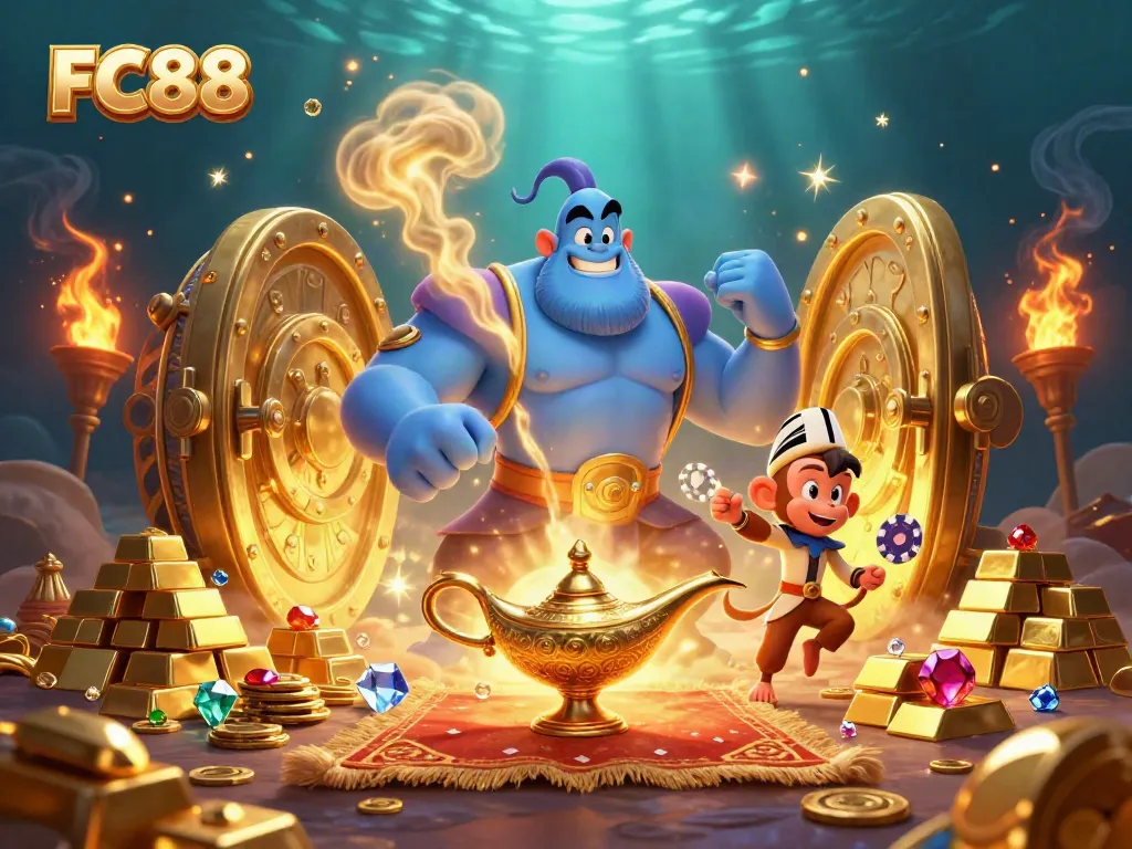 Experience thrilling magic and wealth at FC88 with playful characters amidst a treasure-filled casino setting.