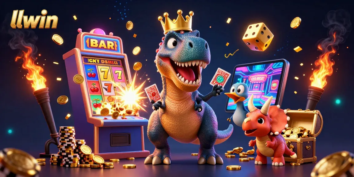 llwin slot machine scene with friendly dinosaurs and vibrant casino elements in action