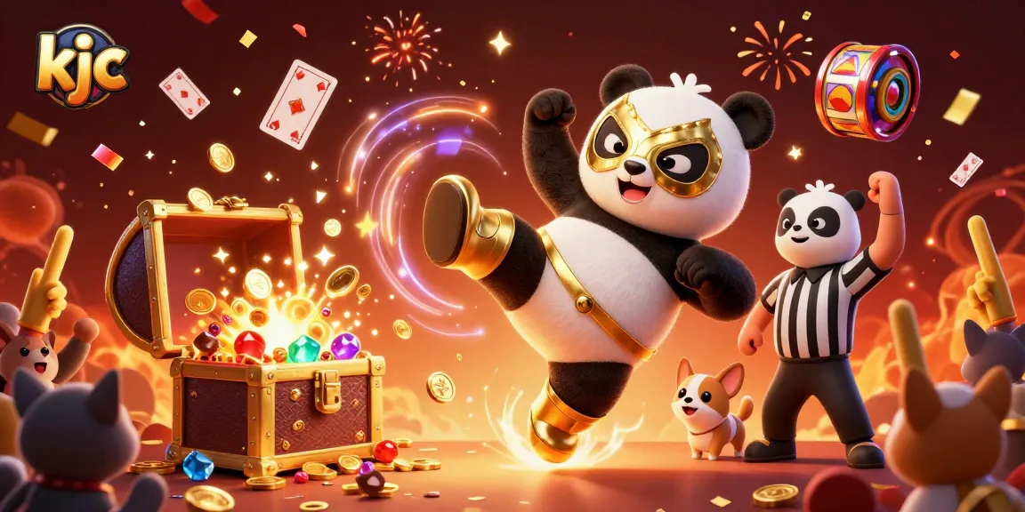 KJC elevates excitement with a panda wrestler performing a flying kick, surrounded by casino elements.