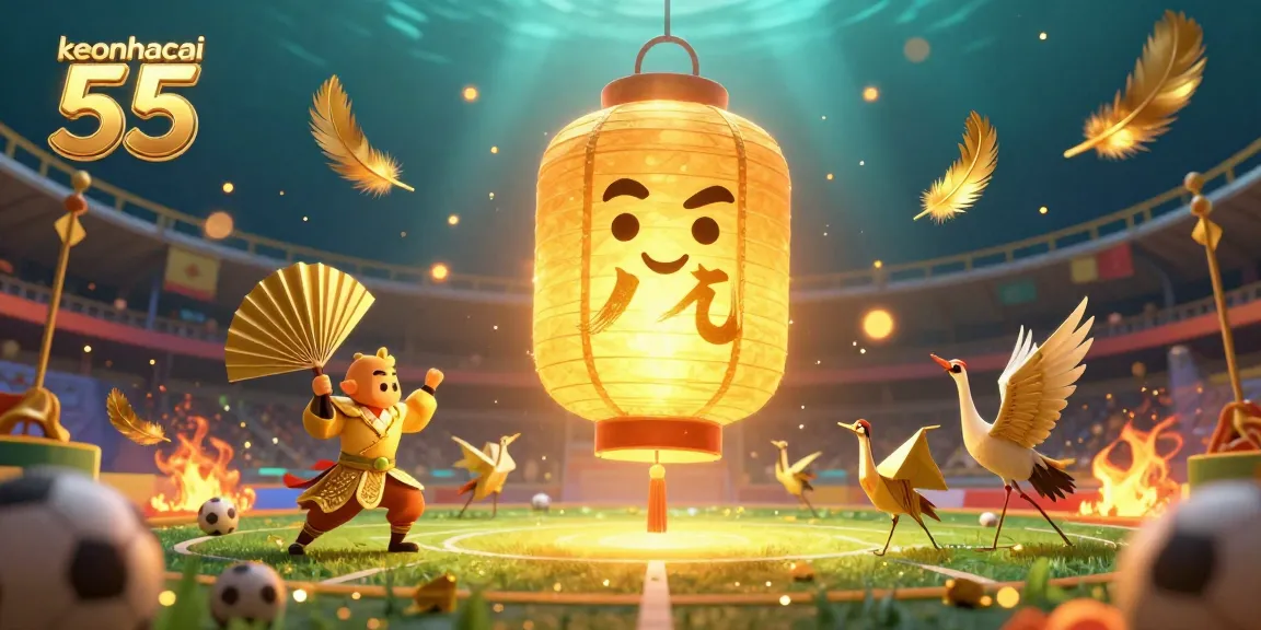 Engage with keonhacai 55 amid a vibrant sports betting battle filled with golden lantern spirits and lucky symbols.