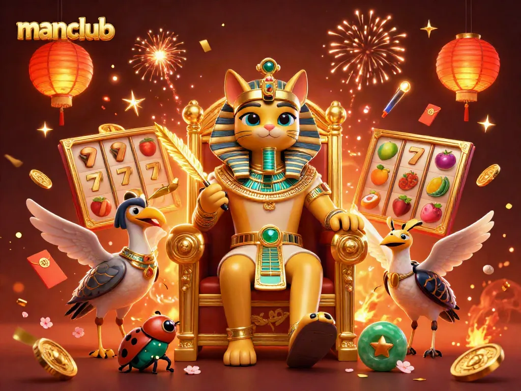 Experience winning with manclub at our vibrant casino, featuring Pharaoh Cat and dynamic slot elements.