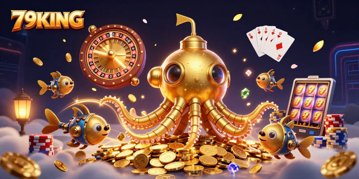 Experience thrilling gameplay with 79KING featuring a golden kraken amidst vibrant casino elements and winning symbols.